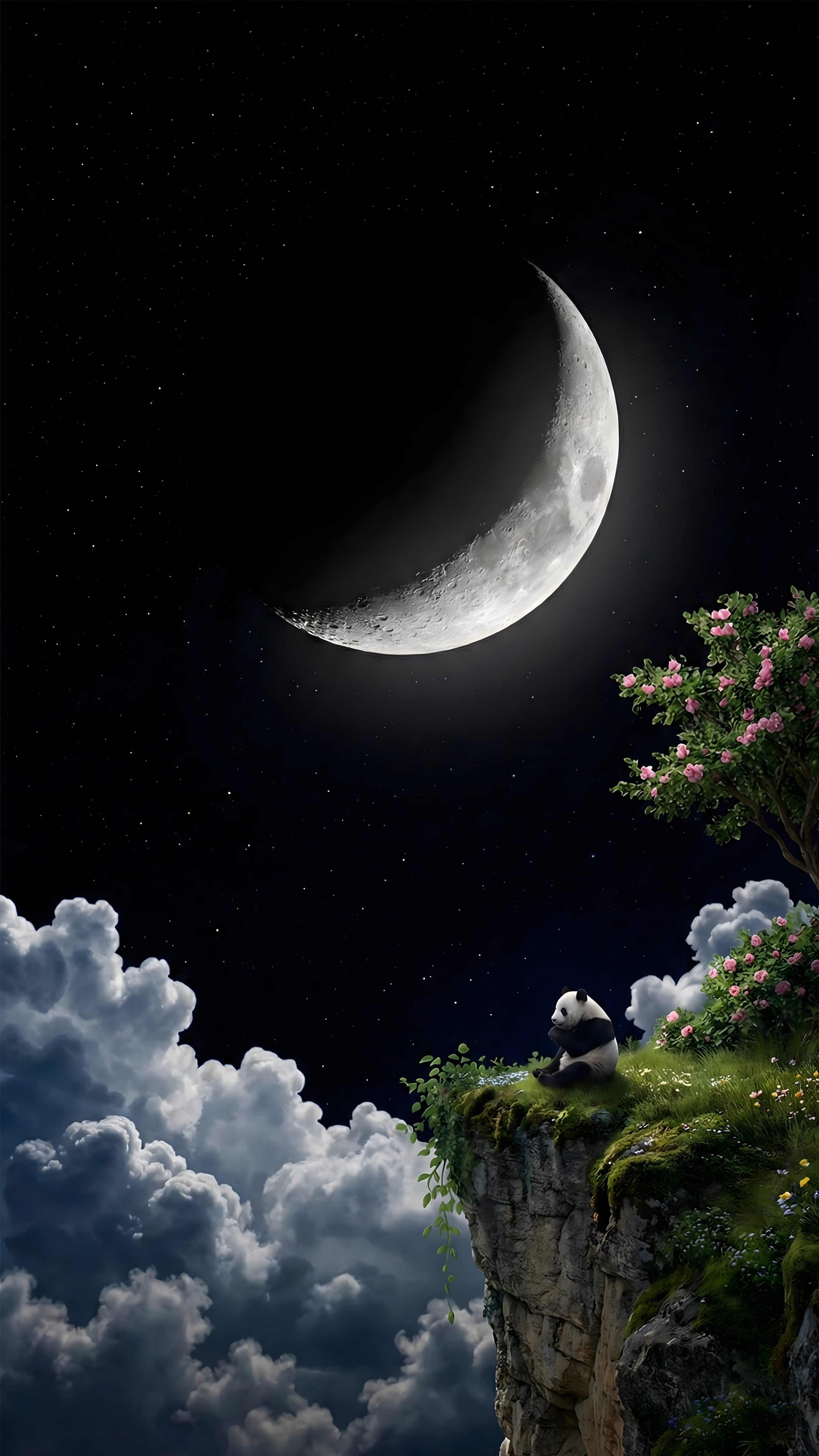 Cute Panda Moon Wallpaper 4K, dreamy digital art of an adorable panda sitting on a grassy cliff edge looking at a giant glowing crescent moon in a starry night sky, dark AMOLED background.