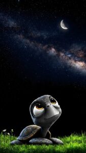Highly detailed 3D digital render of a cute baby turtle looking up at the milky way galaxy and crescent moon in a pitch black starry night sky from green grass field aesthetic 4K ultra HD mobile wallpaper