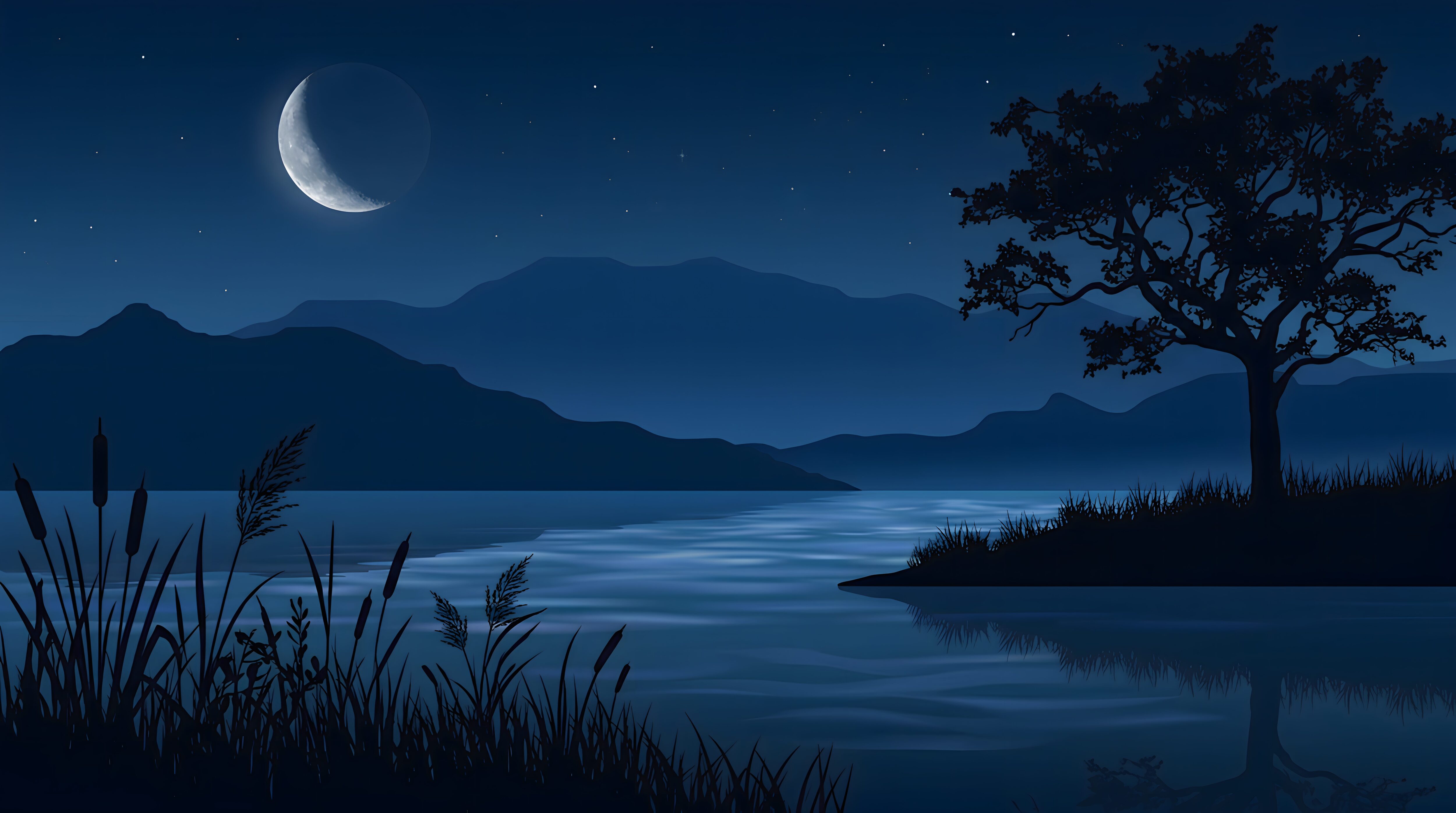 Download free high-resolution 4K desktop wallpaper of a serene dark night landscape featuring a glowing crescent moon, starry sky, silhouette tree, and calm lake water reflection.