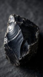 Highly detailed macro digital render of a dark black obsidian rock crystal with glossy chipped textures on a deep dark background minimalist aesthetic 4K ultra HD mobile wallpaper