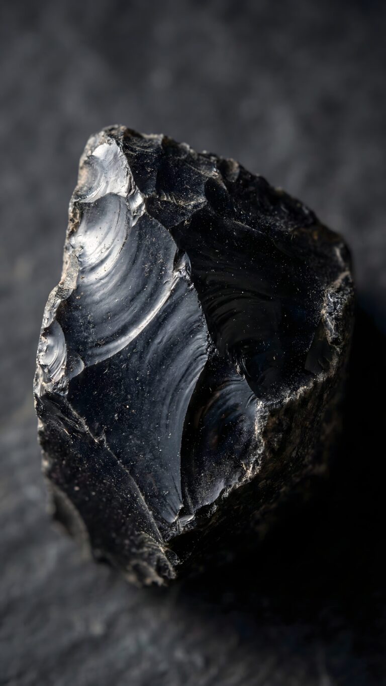 Highly detailed macro digital render of a dark black obsidian rock crystal with glossy chipped textures on a deep dark background minimalist aesthetic 4K ultra HD mobile wallpaper