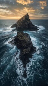 Highly detailed 4K wallpaper featuring an aerial view of a tall dark rock formation surrounded by crashing ocean waves, perfectly framed against a sunset sky for an iOS depth effect lock screen.