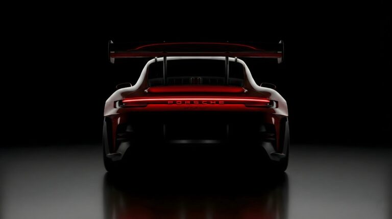 Highly detailed digital render of a dark red Porsche GT3 RS sports car rear view with glowing taillights in a pitch black dark studio setting aesthetic 4K ultra HD PC desktop wallpaper