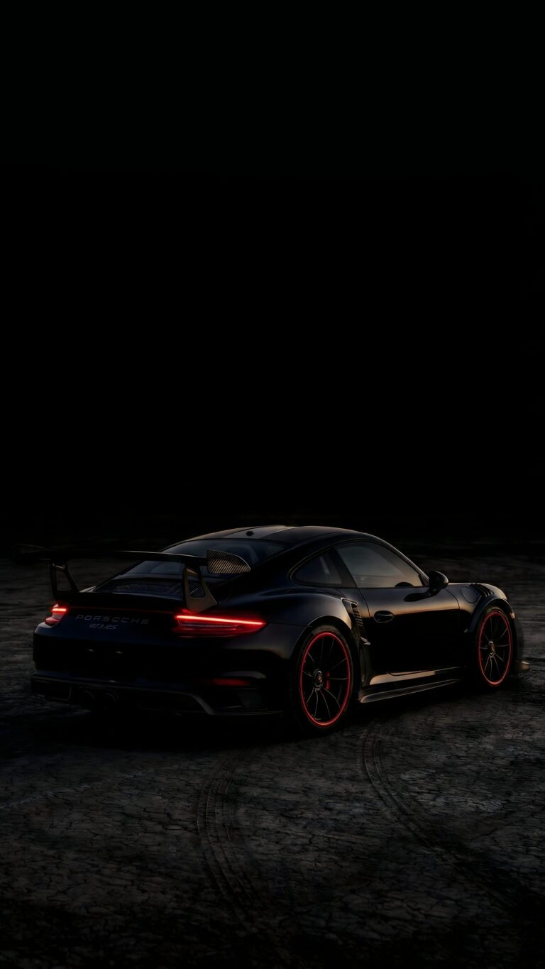 Highly detailed digital render of a dark stealth Porsche 911 sports car with glowing red taillights and red rim accents on a dark textured ground against a pure black background aesthetic 4K ultra HD mobile wallpaper