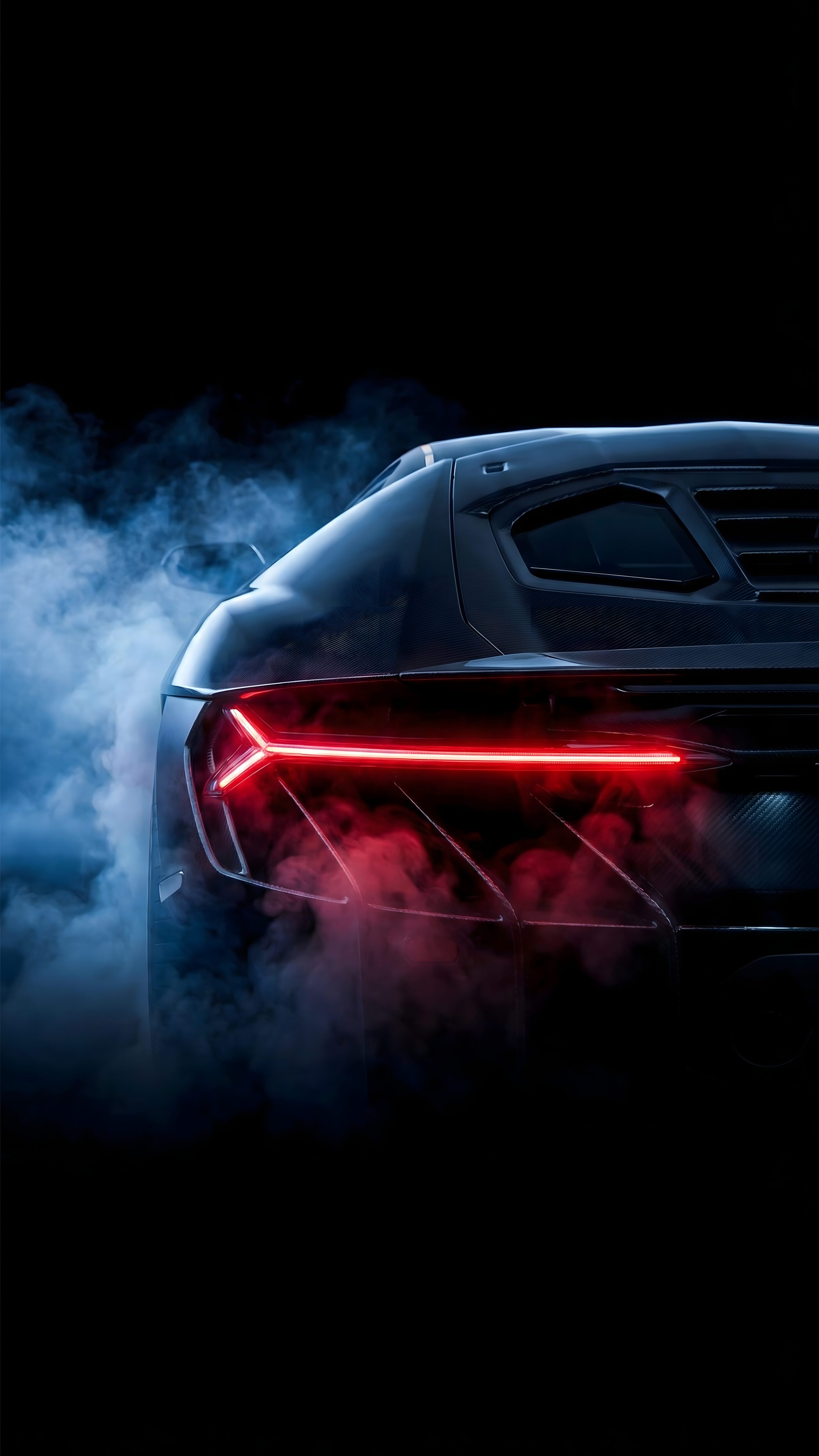 Dark Supercar Glowing Taillights Smoke Wallpaper 4K, cinematic digital art of the rear of a hypercar with glowing red taillights emerging from thick blue and red smoke on a pitch-black background.