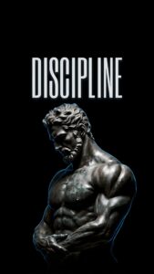 Download free 4K mobile wallpaper of a muscular Greek statue with the text DISCIPLINE on a solid black background for gym motivation and stoic aesthetic