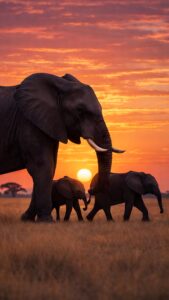 Sharp 4K mobile wallpaper of a mother elephant and two calves walking in the African savanna during a vibrant orange sunset.
