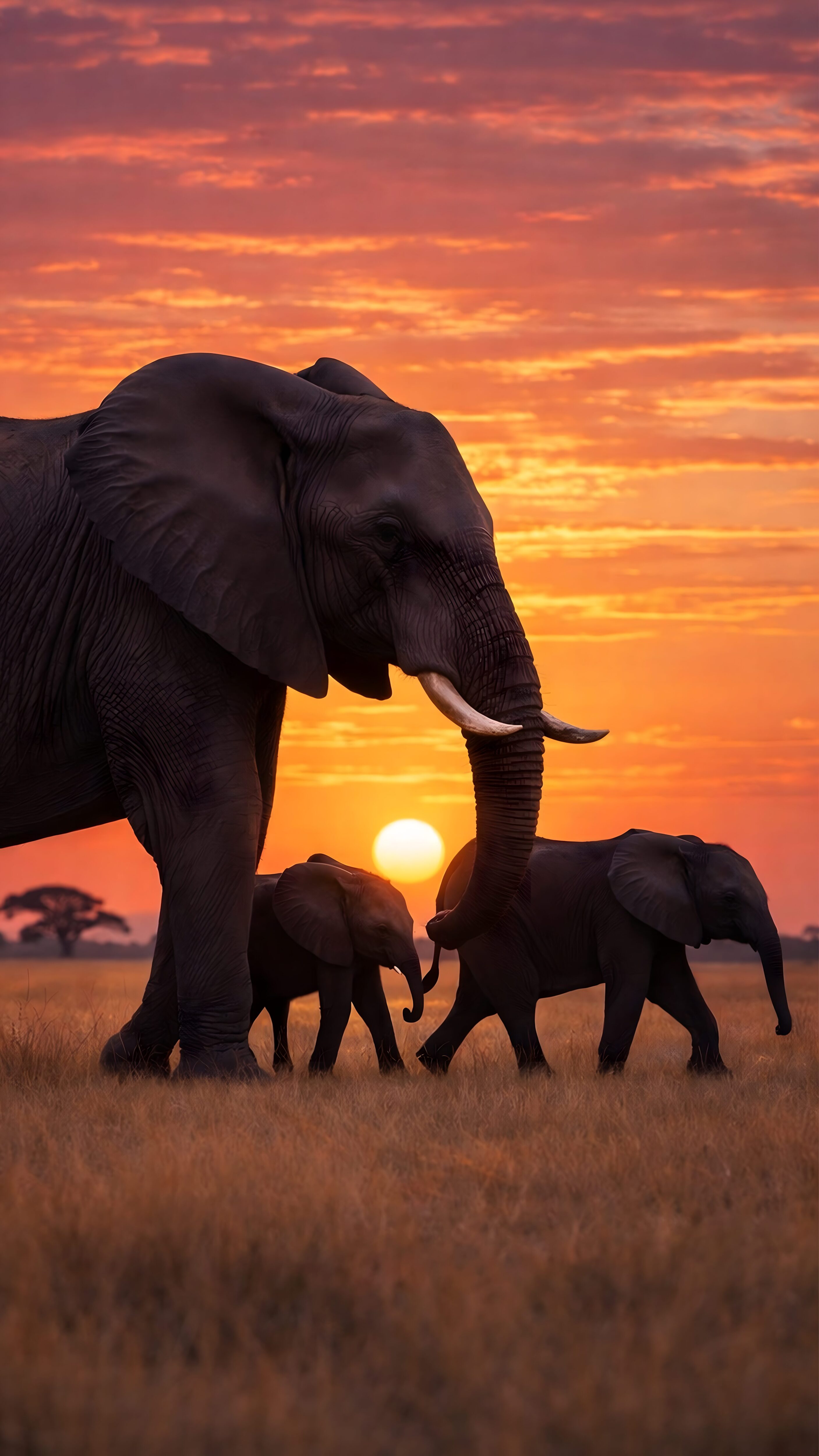 Sharp 4K mobile wallpaper of a mother elephant and two calves walking in the African savanna during a vibrant orange sunset.