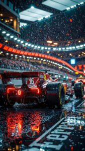 Highly detailed digital render of a red Formula 1 racing car number 16 driving on a wet track during heavy rain at night with glowing neon reflections cinematic sports aesthetic 4K ultra HD mobile wallpaper