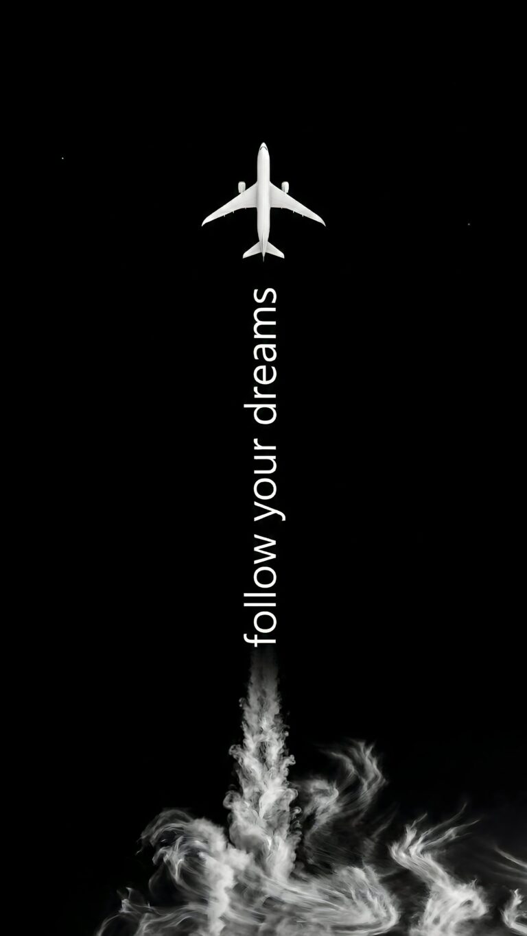Highly detailed digital render of a white airplane flying upwards leaving a cloud trail with follow your dreams typography against a pure pitch black background minimalist aesthetic 4K ultra HD mobile wallpaper