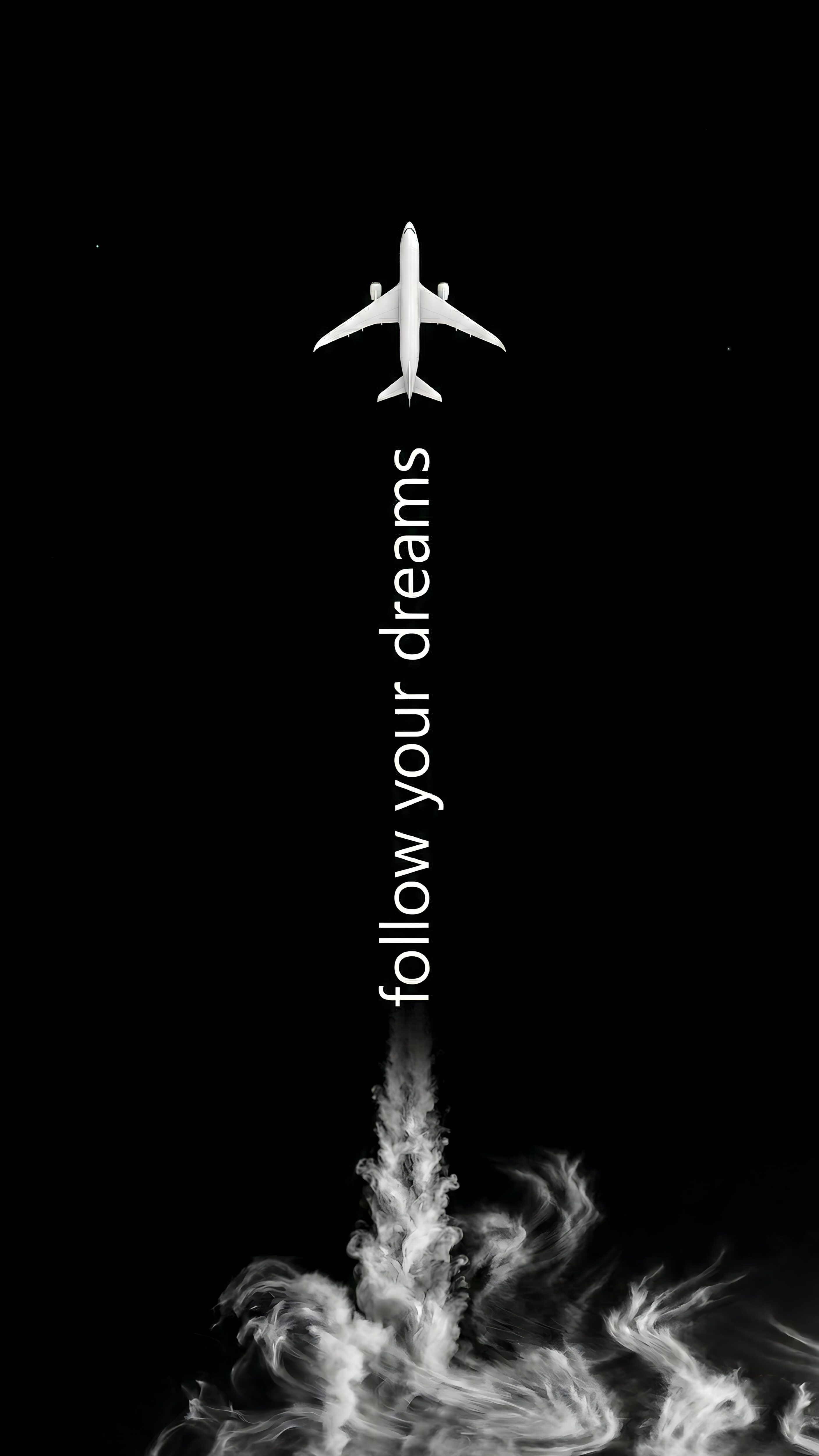 Follow Your Dreams Airplane AMOLED Wallpaper 4K, minimalist black and white digital art of an airplane flying upwards leaving a smoke trail with vertical typography on a pitch-black background.