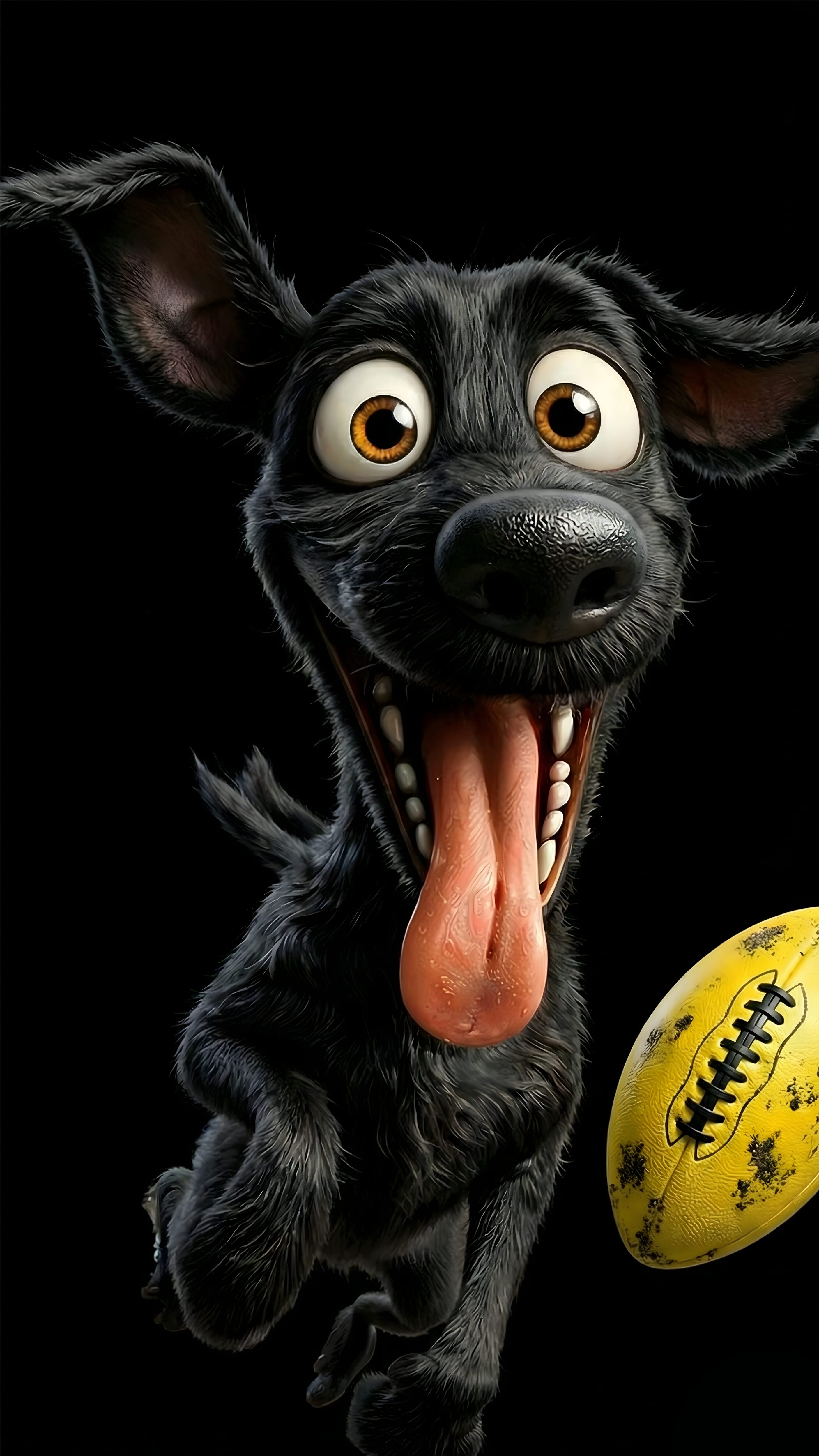 Highly detailed 3D digital render of a cute and funny animated black dog with big eyes and tongue out chasing a yellow football against a pitch black background, optimized as a cute wallpaper for phone.