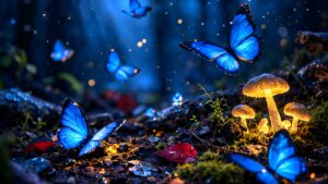 Sharp 4K desktop wallpaper featuring glowing blue butterflies and luminous mushrooms in a dark magical forest setting.