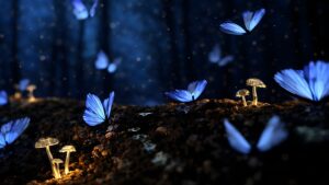 Highly detailed 4K digital landscape render of a magical dark forest floor with glowing blue butterflies fluttering around tiny bioluminescent mushrooms, optimized as cool desktop wallpaper.