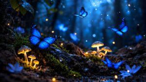 Highly detailed digital render of an enchanted dark forest featuring beautiful glowing blue butterflies flying around magical illuminated mushrooms fantasy aesthetic 4K ultra HD PC desktop wallpaper