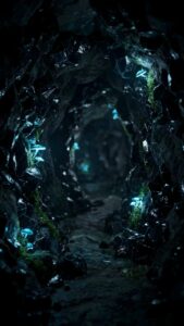 Highly detailed digital render of a dark magical rocky cave illuminated by beautiful bioluminescent glowing blue mushrooms, optimized as a cool black wallpaper for phone.