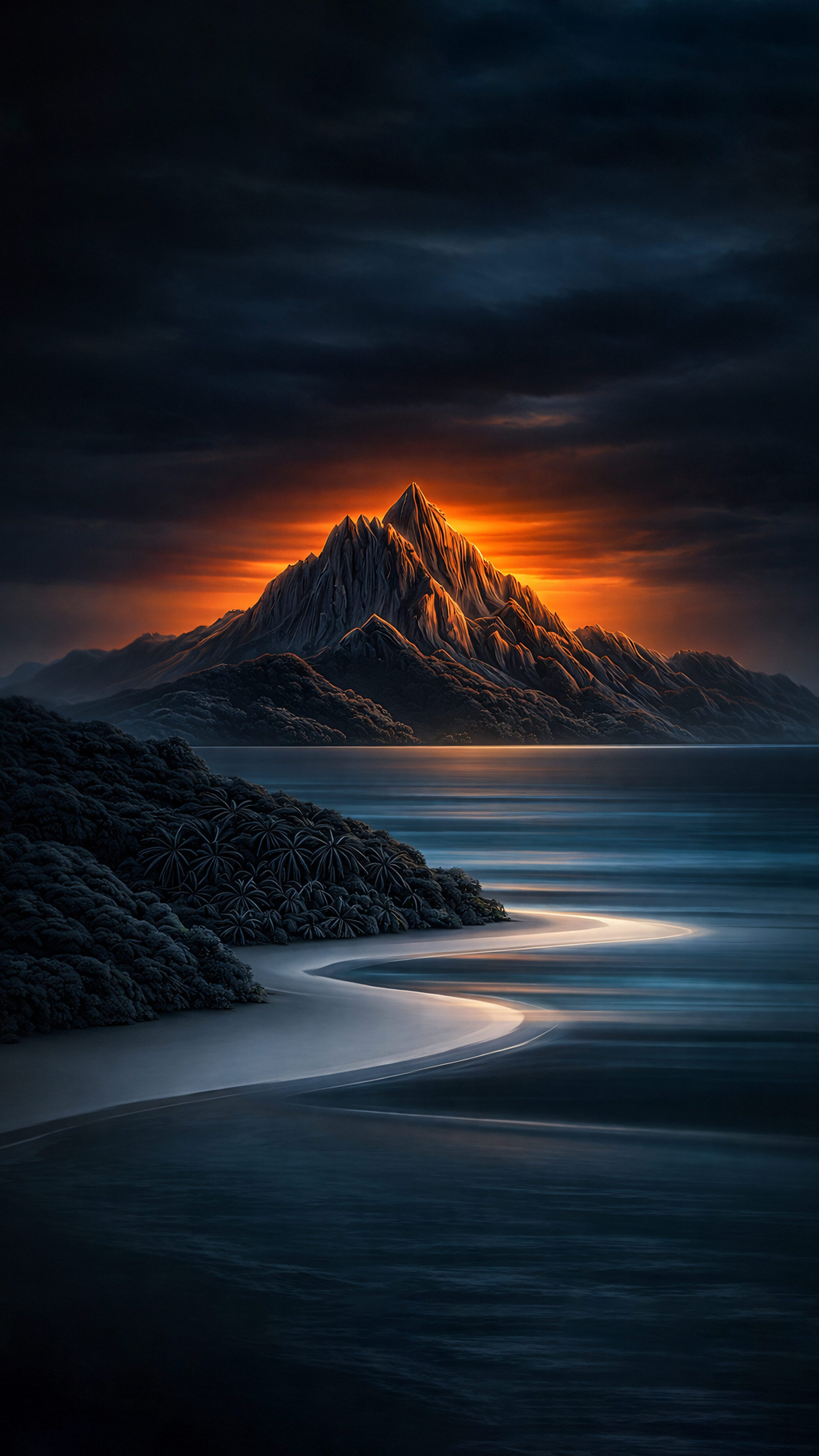 Sharp 4K mobile wallpaper of a majestic mountain glowing under a dark sunset sky with a smooth beach and ocean.