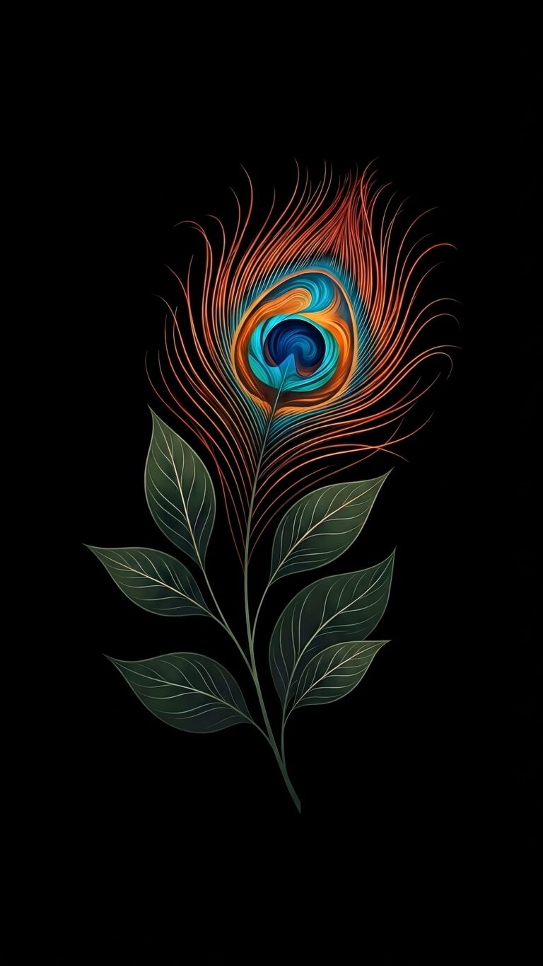 Glowing Peacock Feather: 4K Dark Spiritual AMOLED Wallpaper
