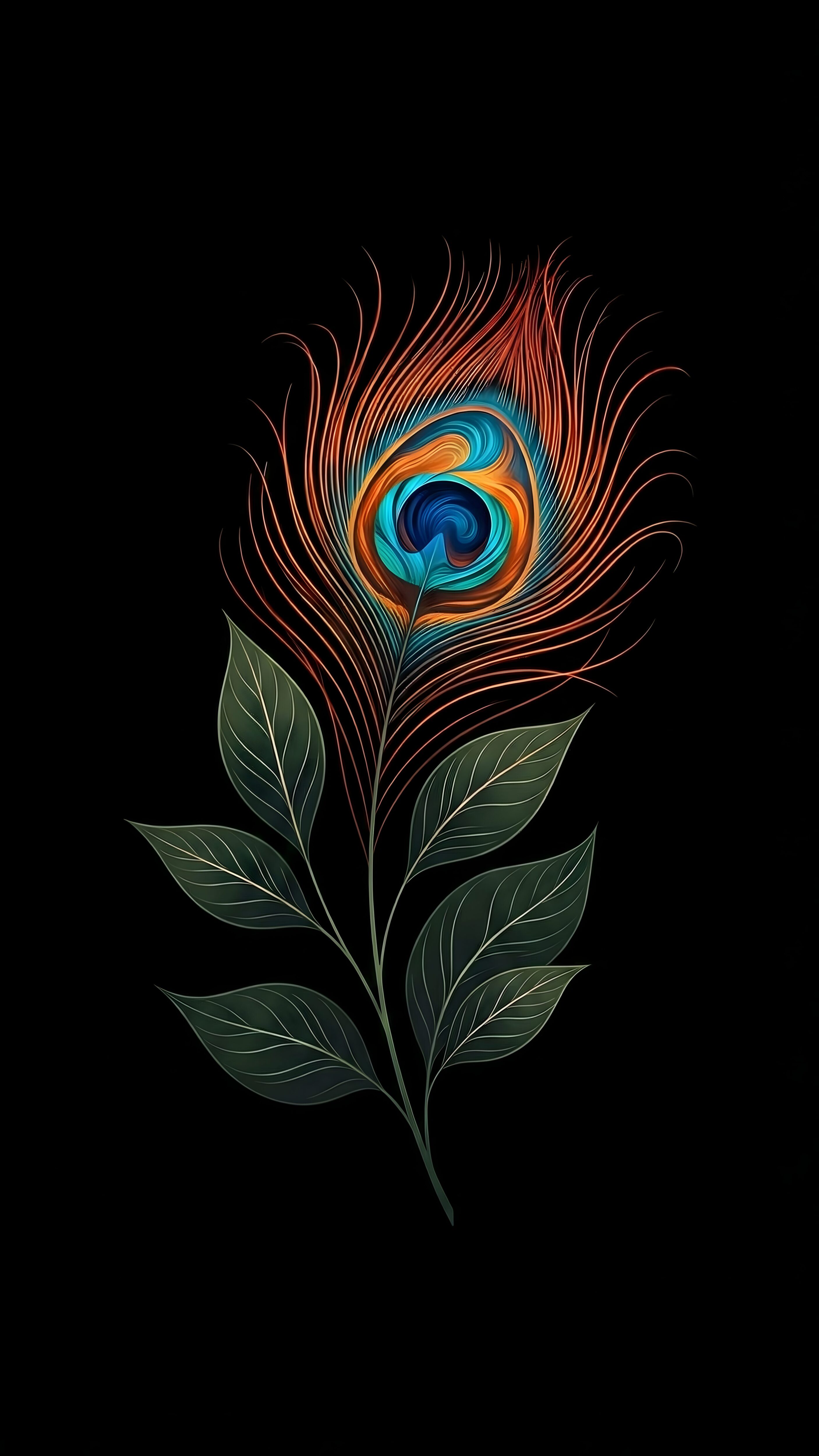 Glowing Peacock Feather AMOLED Wallpaper 4K, divine digital art of a luminescent orange and teal peacock feather attached to a leafy stem against a pure pitch-black background.
