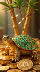 Download free 4K wallpaper of a golden turtle statue with green emeralds standing on a pile of Bitcoin coins for good luck and crypto wealth.