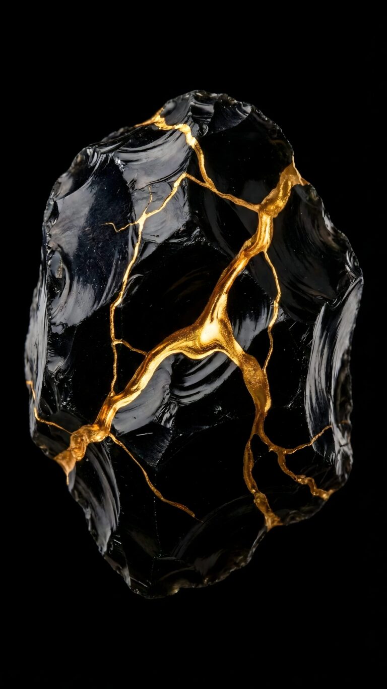 Black obsidian stone with glowing gold veins kintsugi art aesthetic 4K ultra HD mobile wallpaper