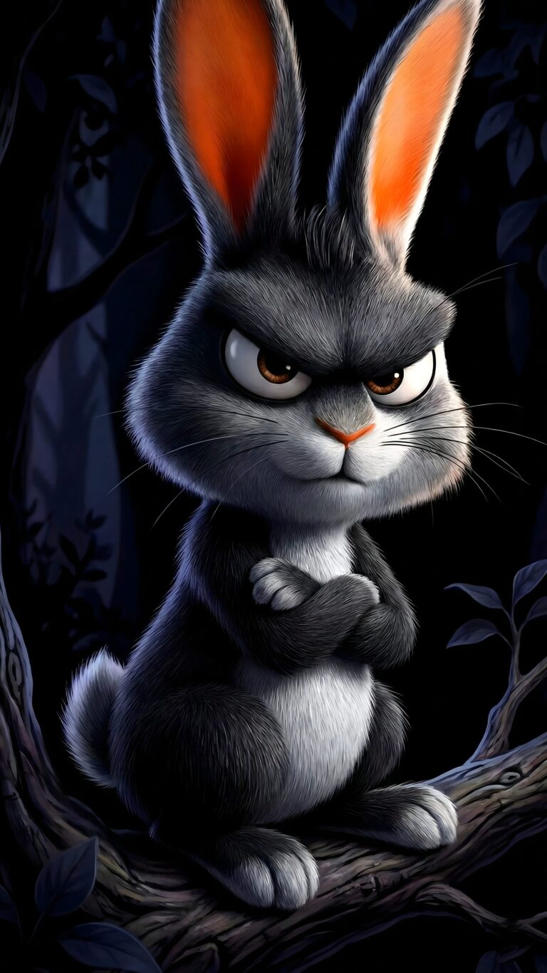 Highly detailed 3D digital art of a cute grumpy bunny rabbit with crossed arms sitting on a tree branch at night dark background aesthetic 4K ultra HD mobile wallpaper