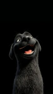 Happy Black Dog Wallpaper 4K, cute 3D animated digital art of a black puppy looking up with a big happy smile, dark pitch-black AMOLED background.