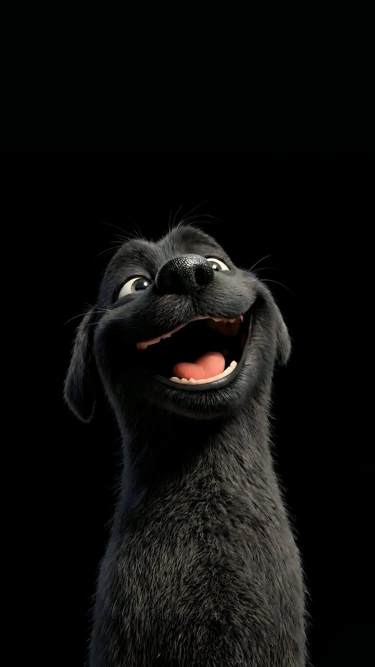 Highly detailed 3D digital render of a cute happy black dog looking up with a big adorable smile against a pure pitch black background funny animal aesthetic 4K ultra HD mobile wallpaper