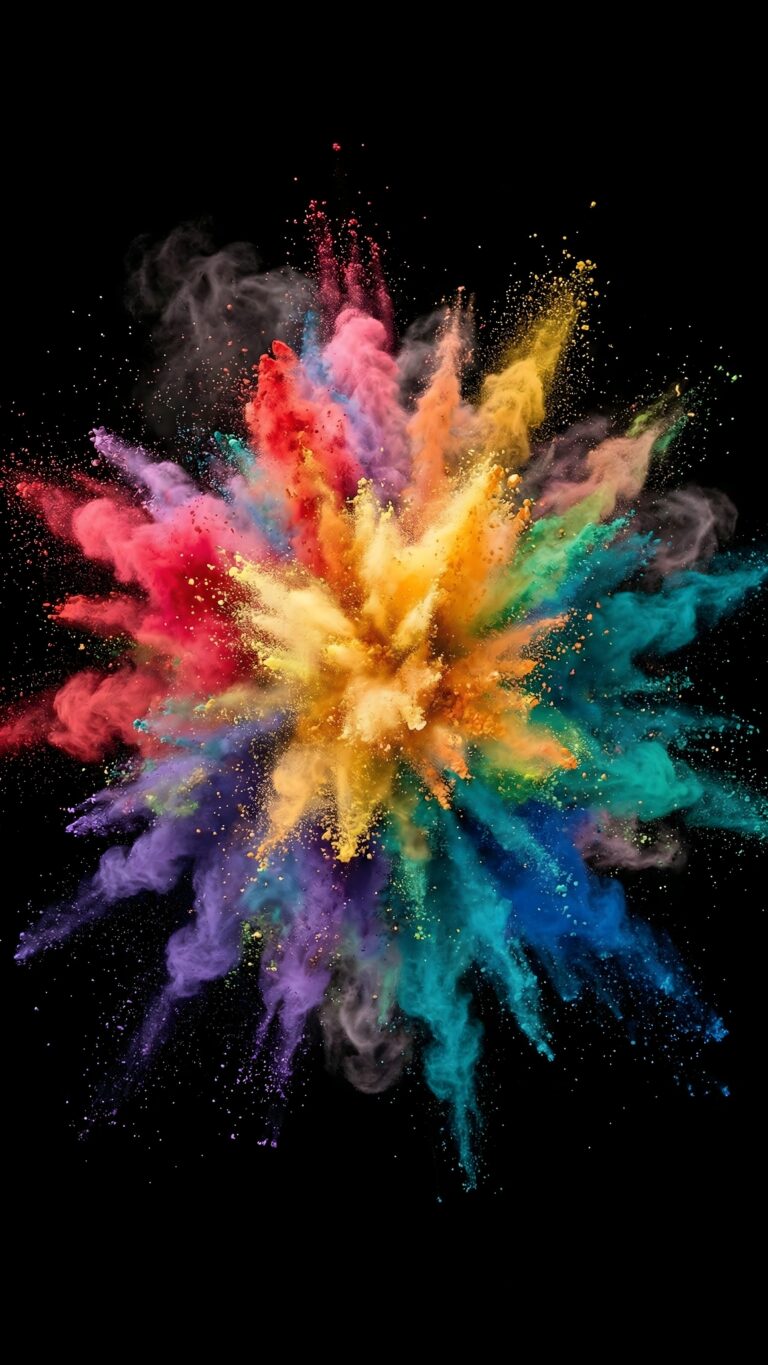 Highly detailed digital render of a vibrant multi-color powder explosion against a pure pitch black background festive Holi aesthetic 4K ultra HD mobile wallpaper