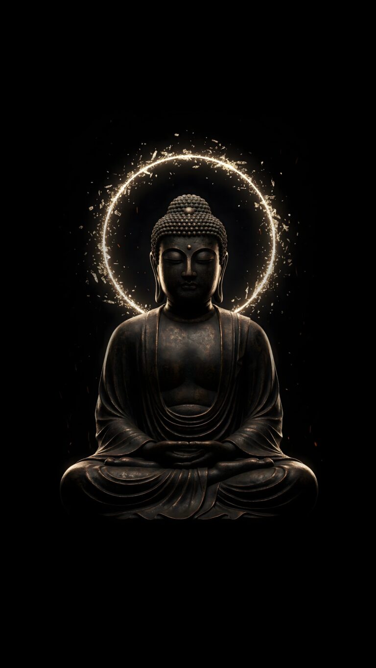 Highly detailed digital render of Lord Buddha meditating with a glowing golden halo on a pure black background aesthetic 4K ultra HD mobile wallpaper