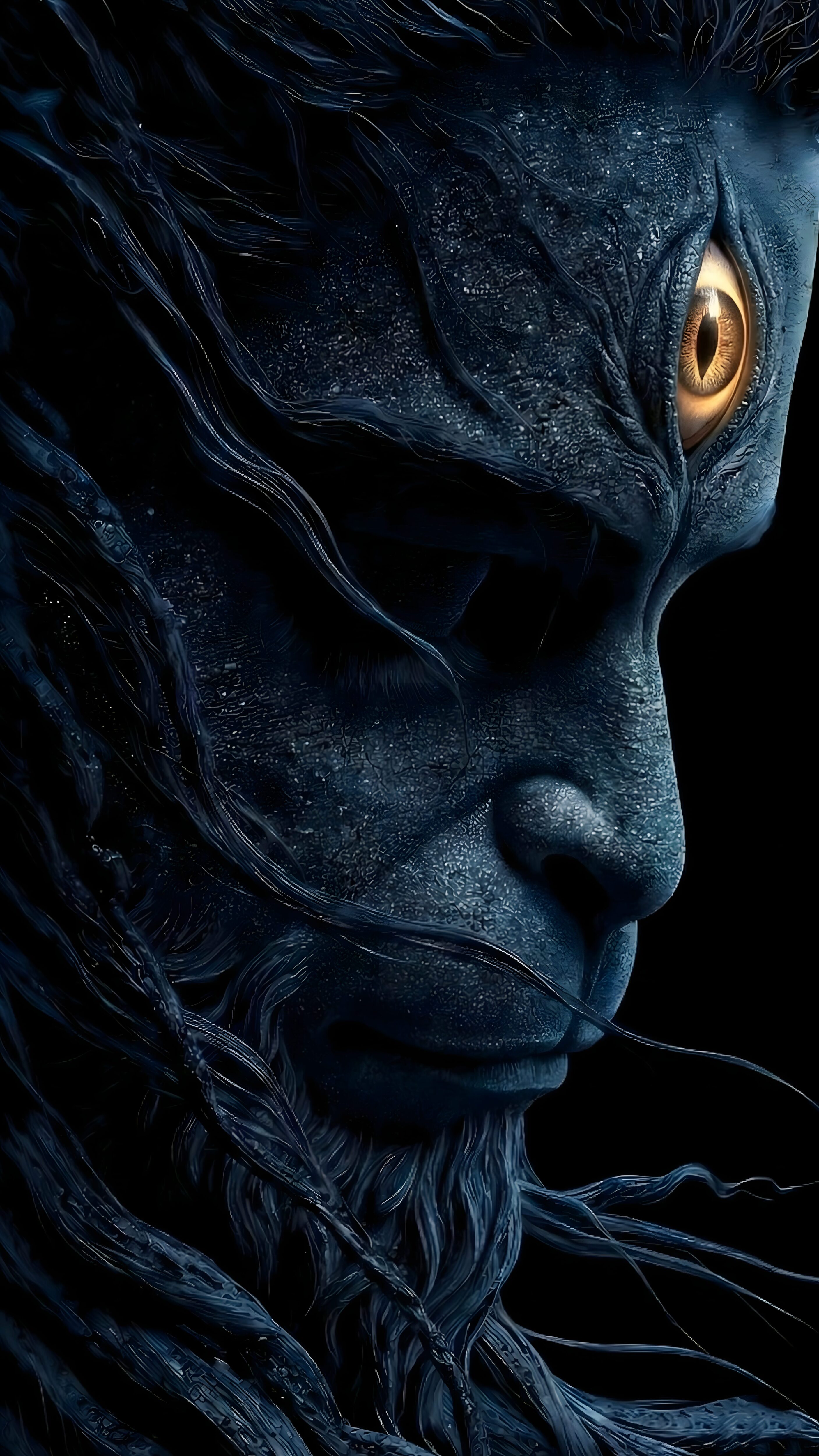 Lord Hanuman And Mahadev Fusion Wallpaper 4K, dark cinematic hyper-realistic digital art of Hanuman profile with deep blue textured skin and Lord Shiva's glowing golden third eye on the forehead.