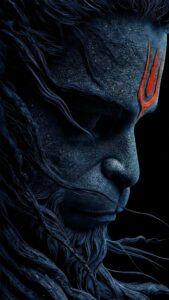 Download free 4K mobile wallpaper of Lord Hanuman in a dark minimalist profile view, featuring highly detailed textures and a striking red tilak on a pitch-black AMOLED background