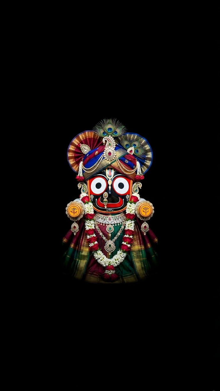 Highly detailed digital render of Lord Jagannath adorned in vibrant traditional colors and intricate jewelry against a pure pitch black background divine spiritual aesthetic 4K ultra HD mobile wallpaper