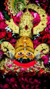 Lord Khatu Shyam Floral Wallpaper 4K, divine digital art portrait of Baba Shyam with a glowing golden crown and big eyes, surrounded by vibrant red and pink rose petals.