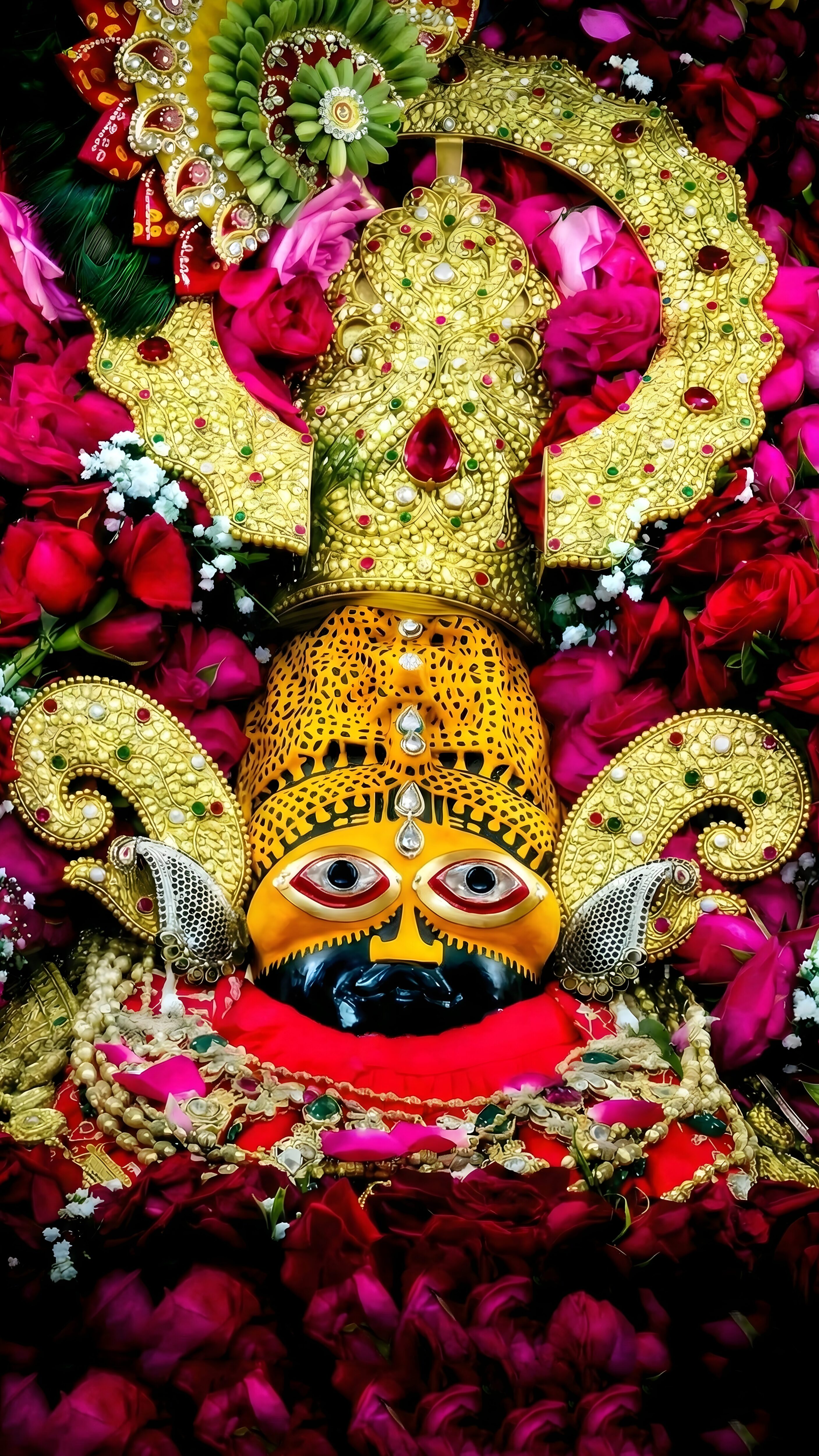 Lord Khatu Shyam Floral Wallpaper 4K, divine digital art portrait of Baba Shyam with a glowing golden crown and big eyes, surrounded by vibrant red and pink rose petals.