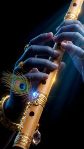 Lord Krishna Flute Peacock Feather: 4K Black Wallpaper Art