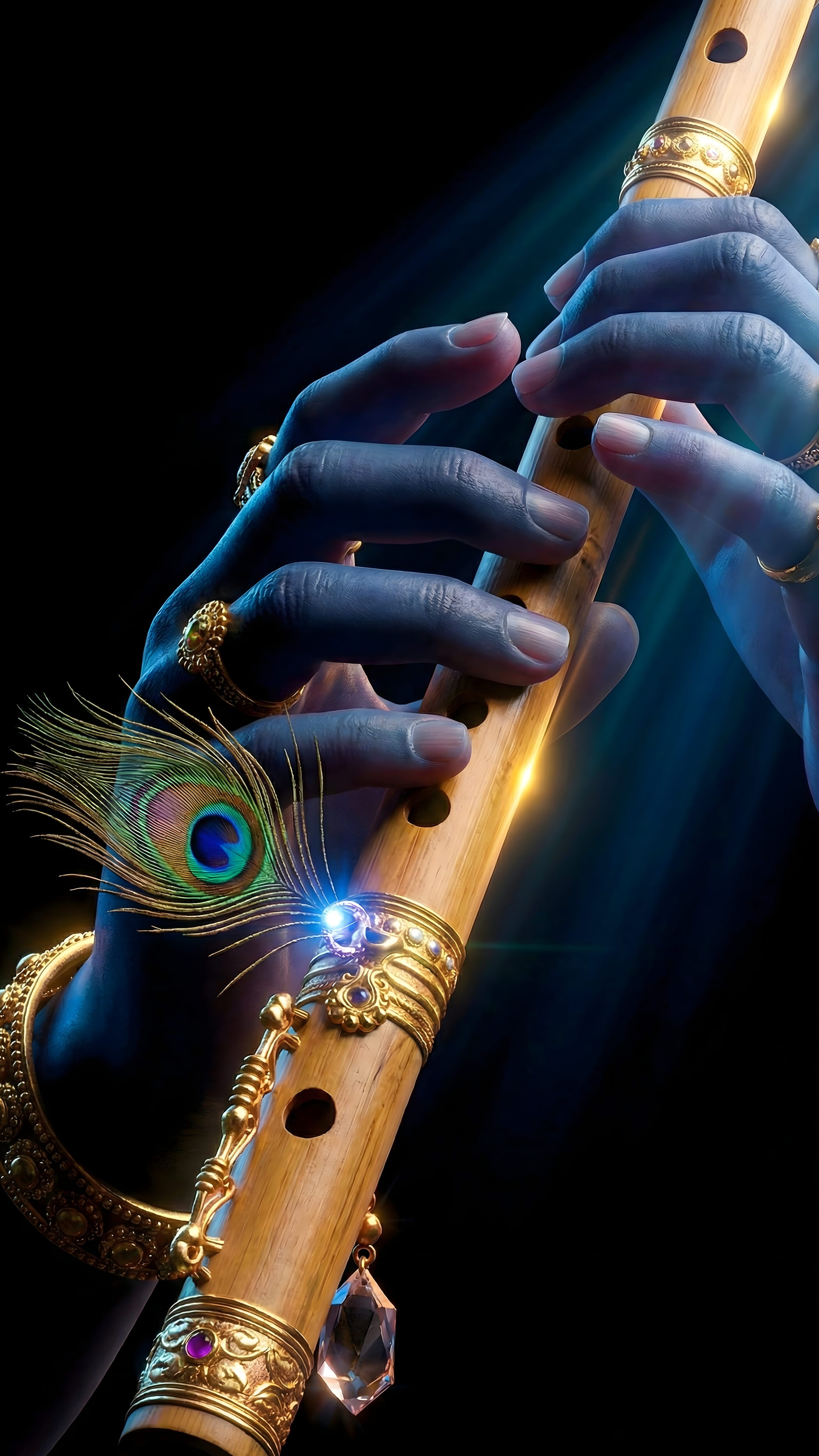Lord Krishna Flute Peacock Feather 4K Black Wallpaper Art 4k Mobile 