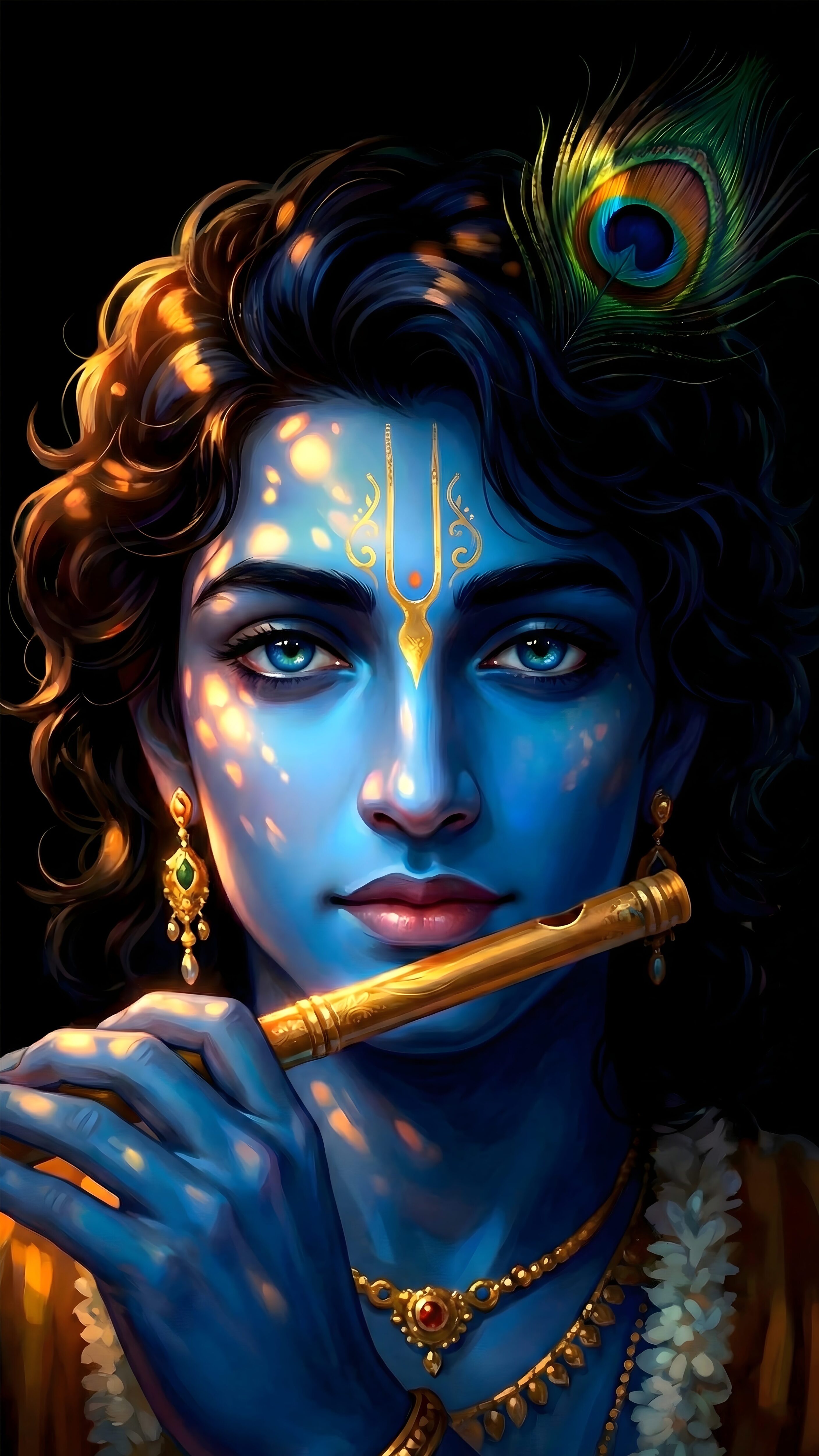 Lord Krishna Flute Portrait Wallpaper 4K, highly detailed divine digital art of blue-skinned Krishna holding a golden flute with a peacock feather, glowing lighting on dark background.