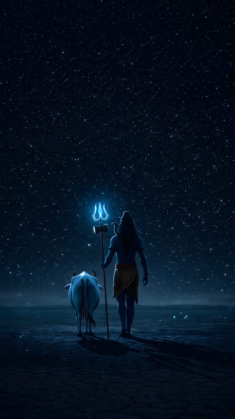 Highly detailed 4K digital art rendering of Lord Shiva walking alongside Nandi on a cracked desert floor under a breathtaking starry night sky, holding a bright glowing blue Trishul. It is a high-quality visual art piece optimized as a spiritual dark wallpaper for phone.