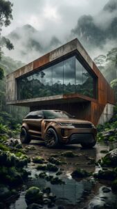 Highly detailed 4K digital render of a luxury brown SUV parked in a misty tropical jungle in front of a modern rusty steel architecture house during rain, optimized as cool wallpaper art for phone.