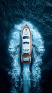 Highly detailed 4K aerial top-down drone photography of a luxury white yacht with a wooden deck speeding through deep blue ocean water, creating a beautiful white wake, optimized as cool wallpaper art for phone.