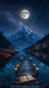 Highly detailed digital render of a magical starry night landscape with a full moon snowy mountain glowing lanterns on a wooden pier and an open book fantasy aesthetic 4K ultra HD mobile wallpaper