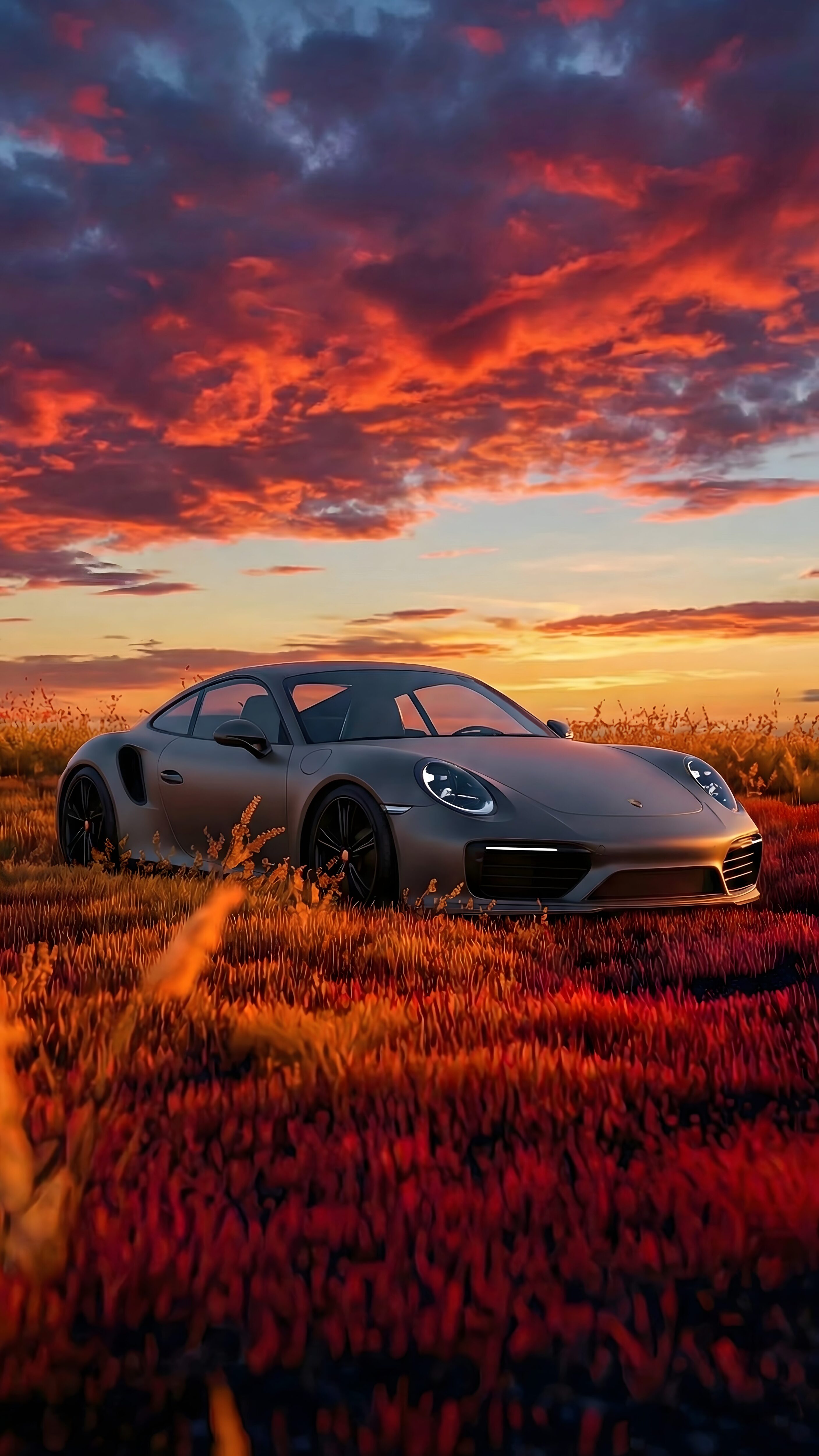 Highly detailed 4K wallpaper featuring a sleek matte grey Porsche sports car parked in a vibrant grassy field under a breathtaking fiery red and orange sunset sky.