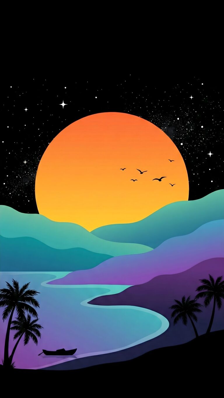 Highly detailed 2D flat vector art illustration of a minimalist tropical sunset with a giant orange sun starry pitch black sky teal and purple gradient mountains and palm tree silhouettes aesthetic 4K ultra HD mobile wallpaper