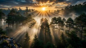 Download free 4K desktop wallpaper featuring a breathtaking pine forest at sunrise with golden sun rays piercing perfectly through thick morning mist.