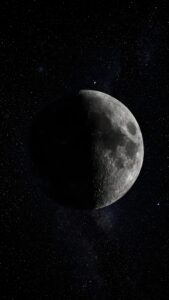 Highly detailed digital render of a half illuminated realistic moon showing craters against a vast pitch black starry space background dark aesthetic 4K ultra HD mobile wallpaper