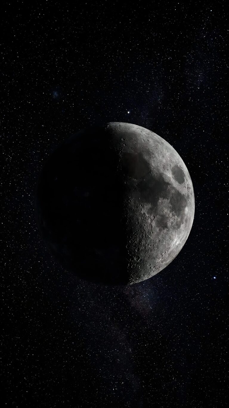 Highly detailed digital render of a half illuminated realistic moon showing craters against a vast pitch black starry space background dark aesthetic 4K ultra HD mobile wallpaper