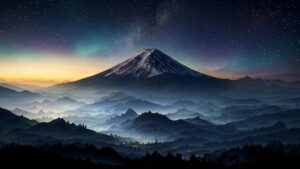 Download free 4K desktop wallpaper of Mount Fuji at night with a snow-capped peak under a brilliant starry sky featuring the Milky Way and misty mountain valleys.