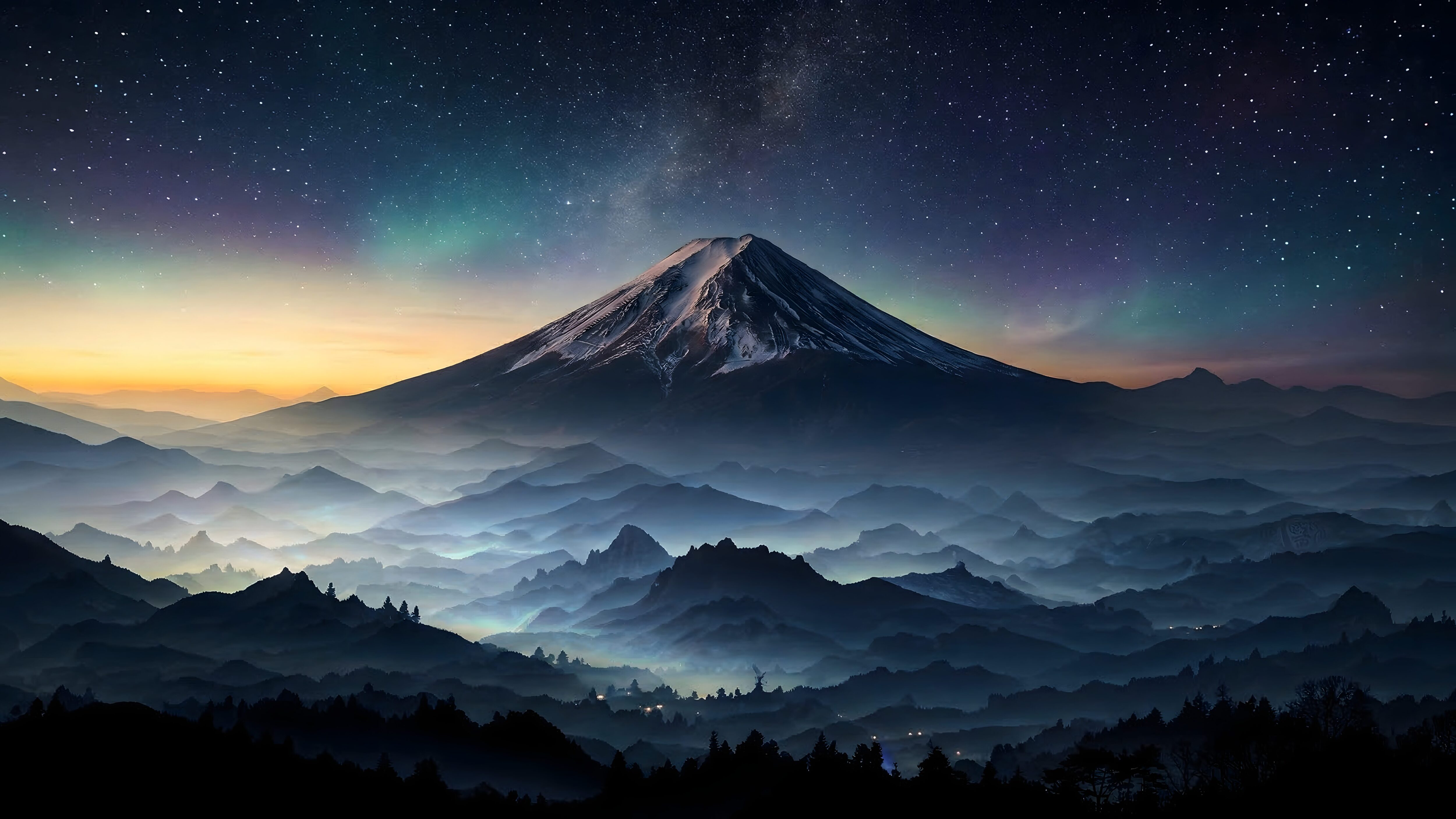 Download free 4K desktop wallpaper of Mount Fuji at night with a snow-capped peak under a brilliant starry sky featuring the Milky Way and misty mountain valleys.