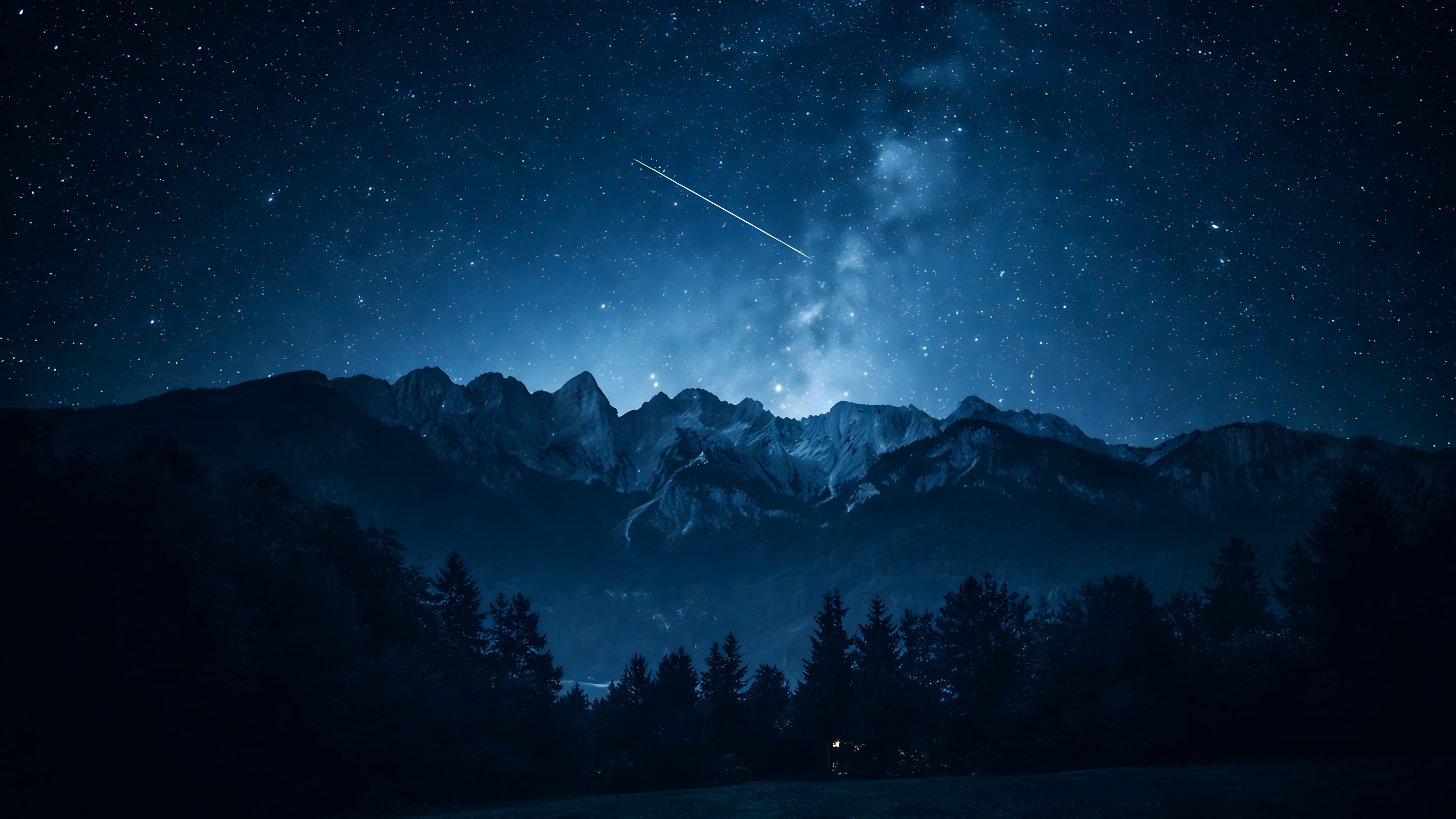 Highly detailed 4K digital art rendering of a stunning starry night sky featuring the Milky Way galaxy and a bright shooting star streaking over jagged, detailed mountain peaks and a detailed pine forest silhouette. It is not a real photograph but a high-quality visual art piece optimized as a cool desktop wallpaper.
